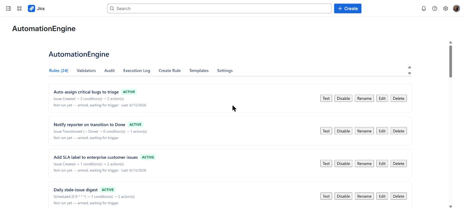 AutomationEngine Rules tab in Jira listing four active rules — auto-assign critical bugs to triage, notify reporter on transition to Done, add SLA label to enterprise issues, and a daily stale-issue digest — each showing its trigger, condition count, action count, and Disable/Edit controls