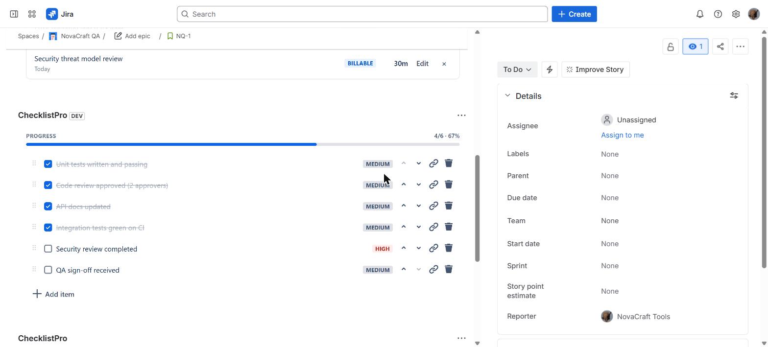 ChecklistPro panel on a live Jira issue showing a Definition of Done checklist with 4 of 6 items complete and a 67% progress bar; 'Security review completed' is flagged High priority and 'QA sign-off received' remains unchecked