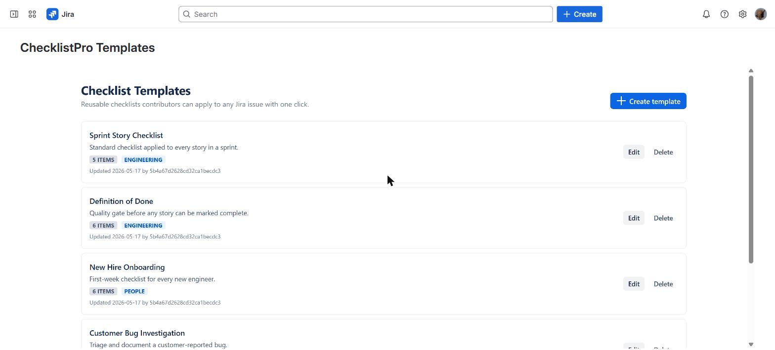 ChecklistPro template management page showing four reusable templates — Sprint Story Checklist, Definition of Done, New Hire Onboarding, and Customer Bug Investigation — each with an item count and a category label, plus a Create template button