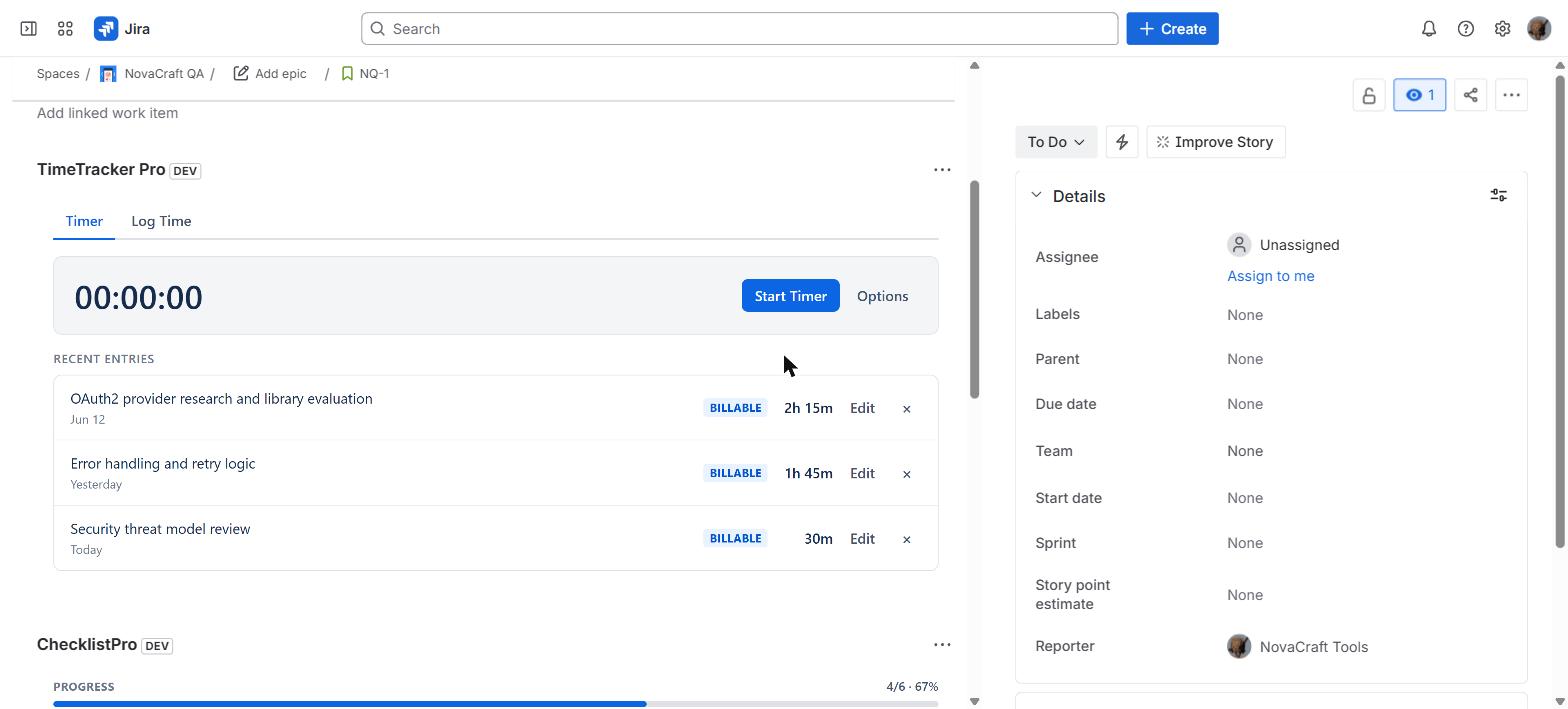 TimeTracker Pro panel on a live Jira issue with a start/stop timer at 00:00:00 and three logged time entries marked Billable — 2h 15m, 1h 45m, and 30m — each with an inline Edit control